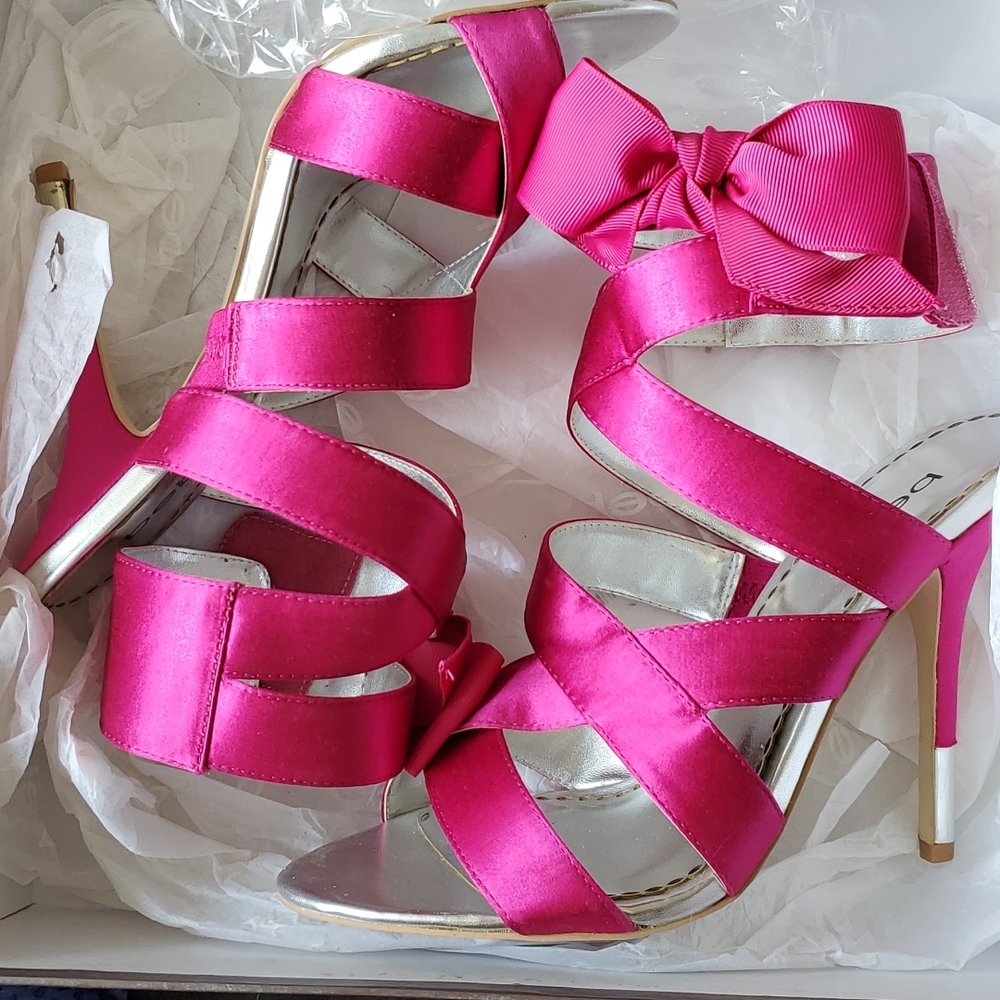 Hot pink satin bow bebe heels